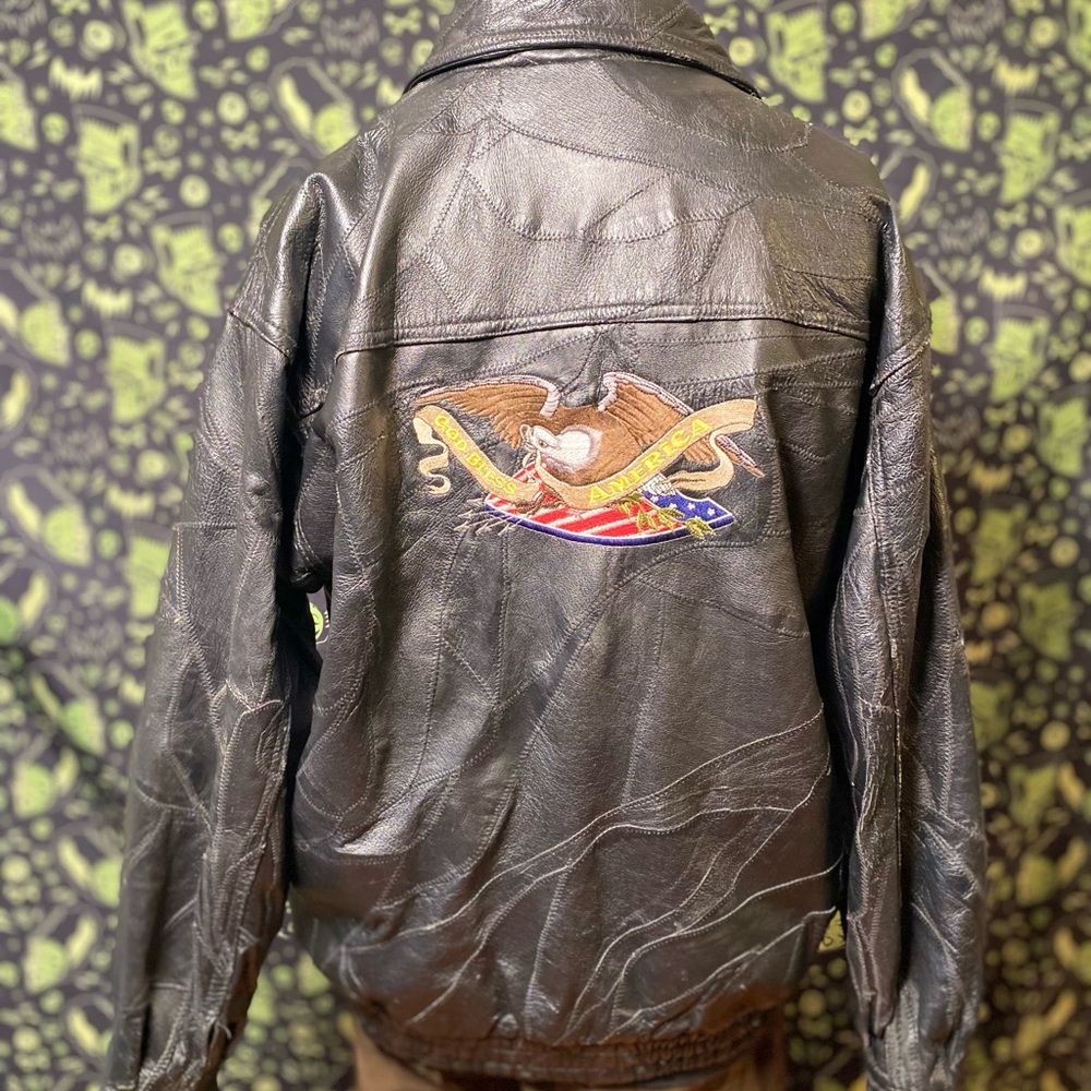 Vintage leather motorcycle jacket screaming eagle back patch